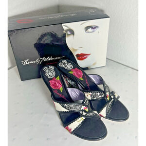 BEVERLY FELDMAN 8 Floral Wedge Sandals Embroidered High Heels Slip  RARE Vintage